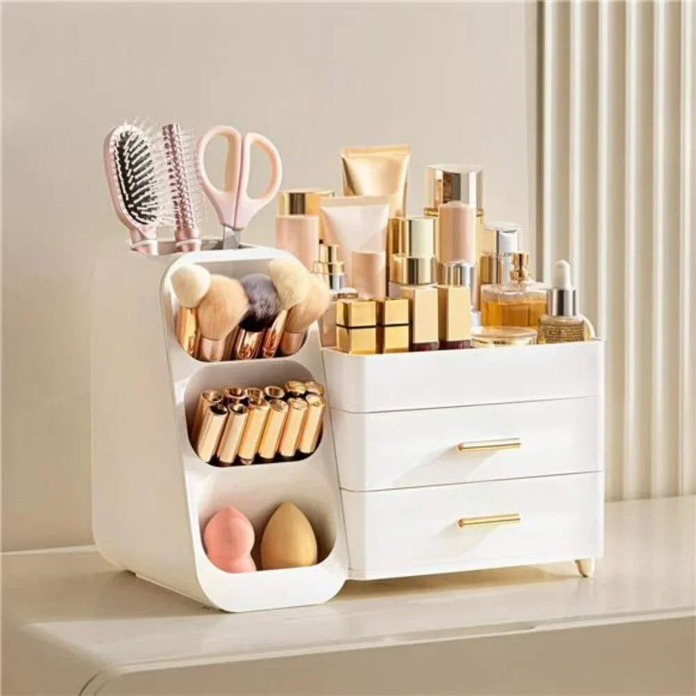 Makeup Organizer with Brush Holder Vanity Skincare Storage Drawers White